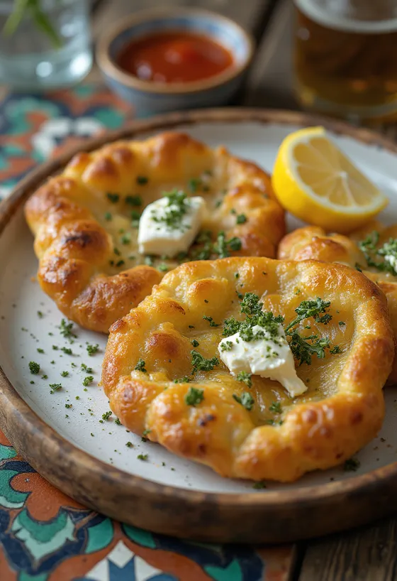 Tiganopsomo feta sajttal és oregánóval tálalva, friss és fűszeres görög kenyér