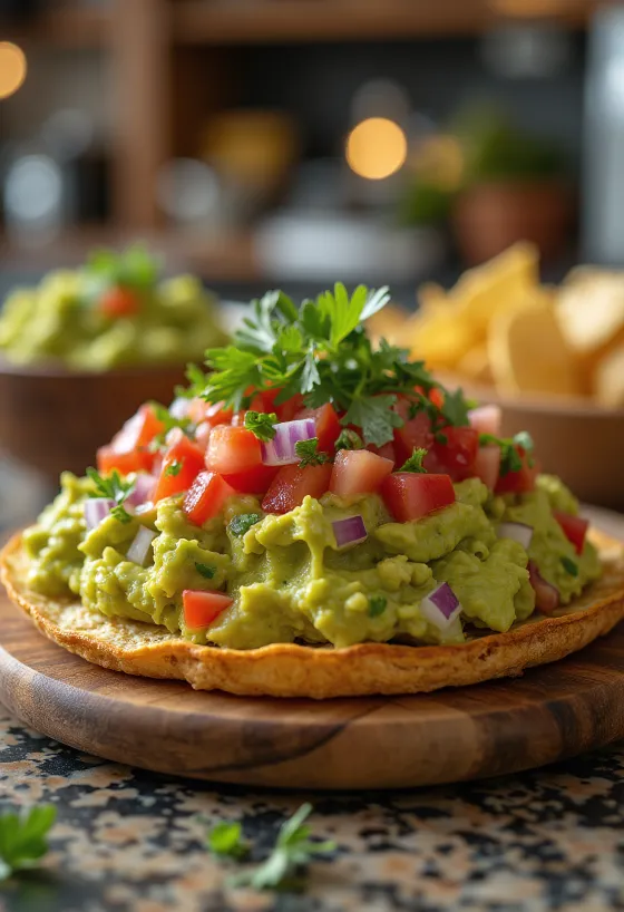 Tostada guacamoléval, avokádós tortilla friss zöldségekkel tálalva