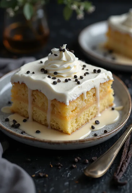 Tres leches vaníliával szelet, tejjel átitatott piskóta fehér tányéron