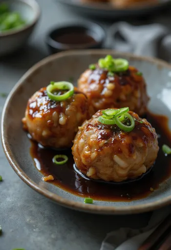 Tsukune lótuszgyökérrel, aranybarna csirkehúsgolyók szójaszósszal és zöldhagymával tálalva
