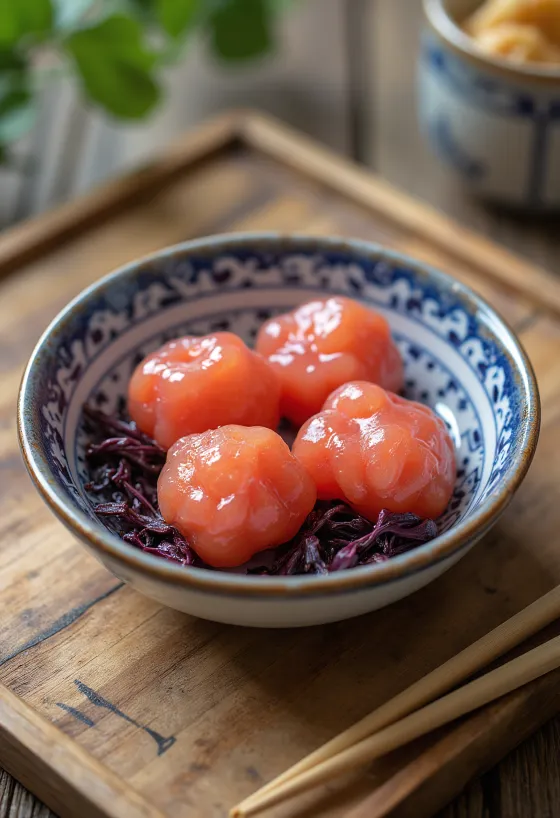 Umeboshi tálon, shiso levéllel díszítve