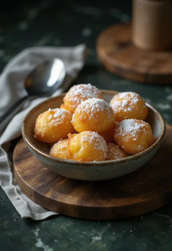 Zeppole klasszikus változat, aranybarna, porcukorral megszórva tálalva