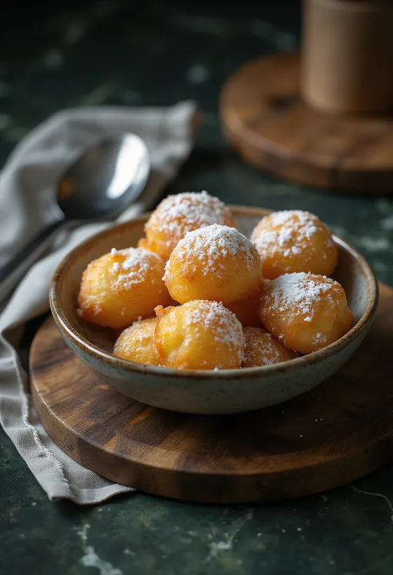 Zeppole klasszikus változat, aranybarna, porcukorral megszórva tálalva