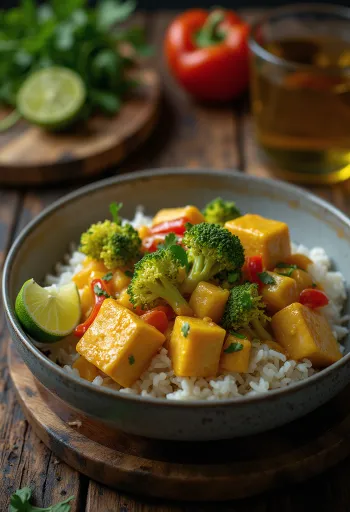 Zöldséges curry tofuval és rizzsel