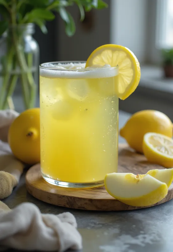 Alma-citrom juice magas pohárban, friss alma- és citromszeletekkel díszítve