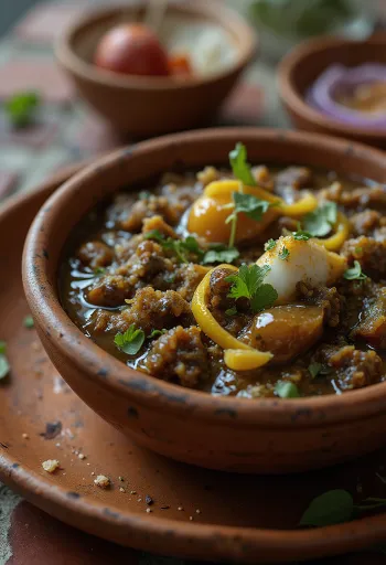 Brinjal chutney tálalva, gazdag sűrűséggel és zöld fűszerekkel díszítve