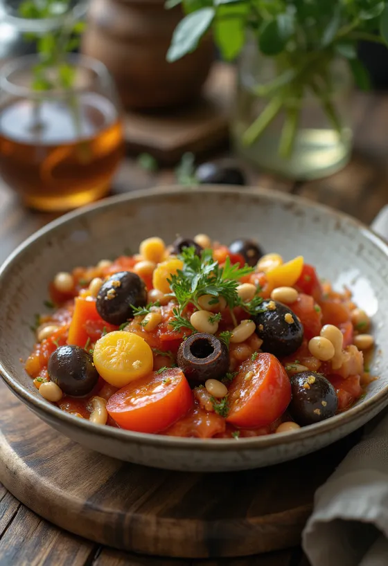 Caponata trapanesi stílusban, gazdag padlizsánnal és paradicsommal tálalva