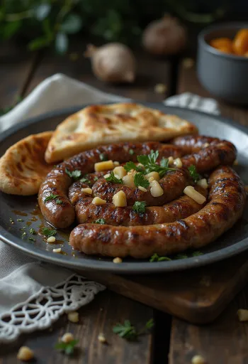 Cevapi fokhagymával, frissen sült és szép aranybarna, pita kenyéren tálalva