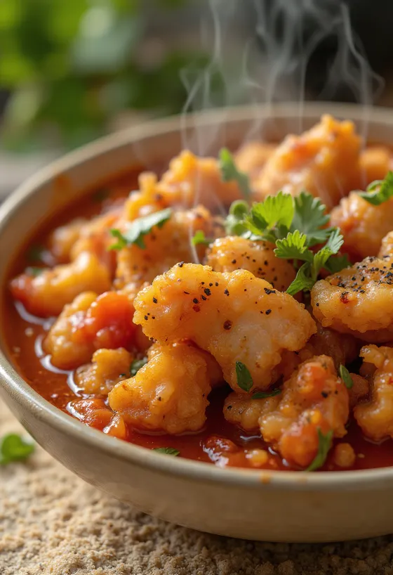Chicharrón guisado tálalva friss zöldségekkel és rizs mellett