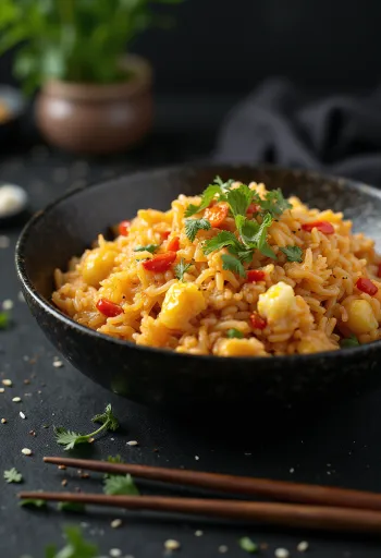 Csípős chili rizs tálalva