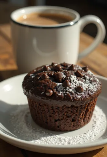 Csokoládés-csokidarabos muffin tálalva egy tányéron