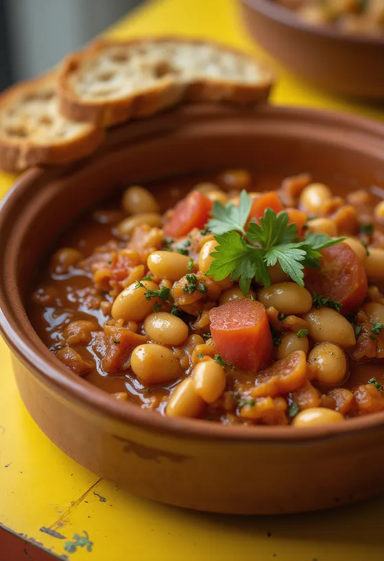 Fabada vegana, gazdag, fűszeres babos pörkölt lencsével és tökmaggal tálalva