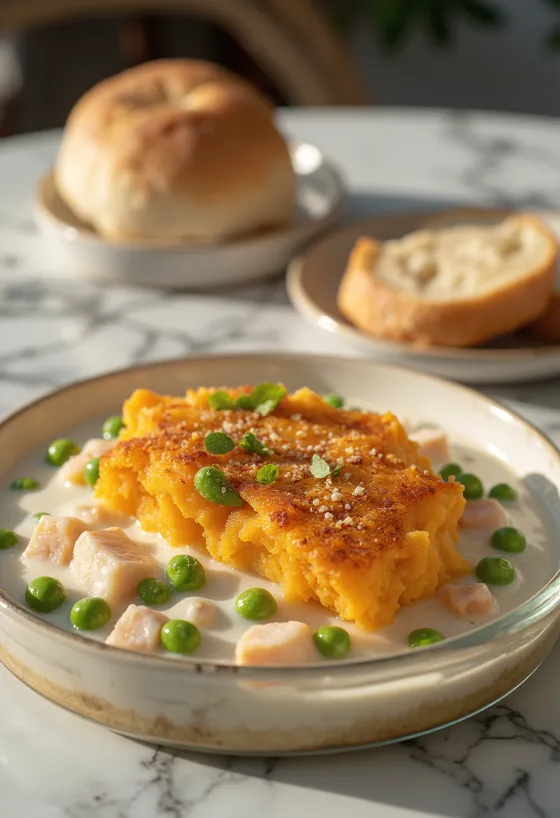 Fish pie édesburgonya pürével, aranybarna krémes burgonyával és halas töltelékkel