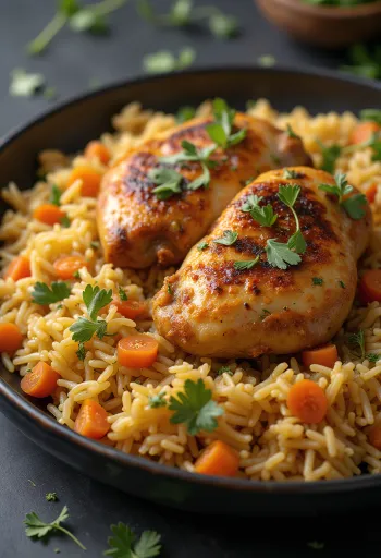 Kabsa csirkehússal, fűszeres rizs és pirított mandula díszítéssel