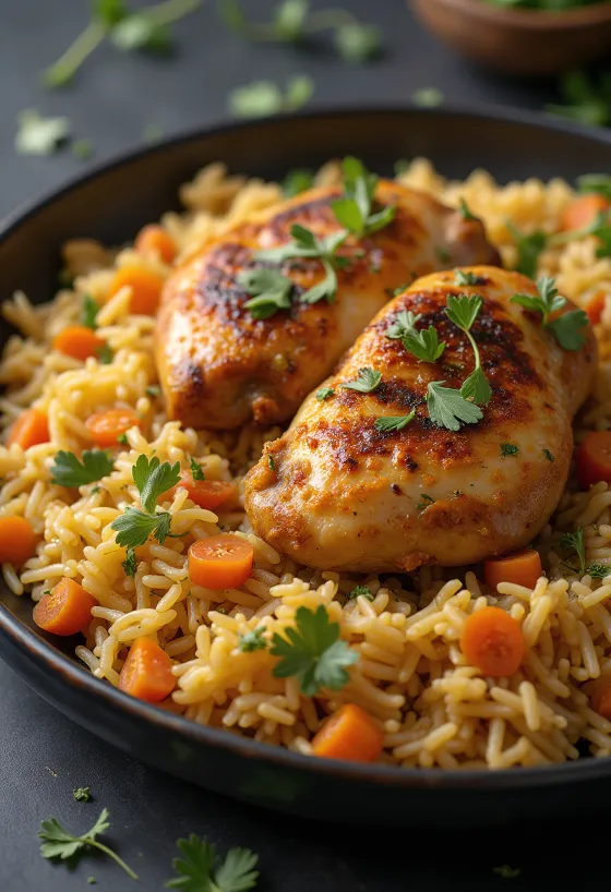 Kabsa csirkehússal, fűszeres rizs és pirított mandula díszítéssel