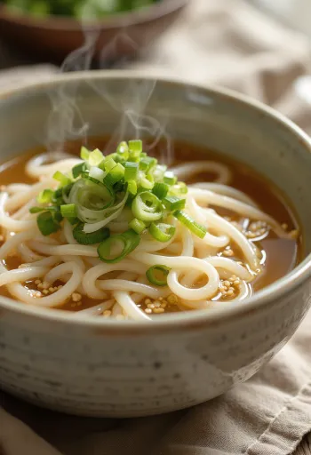 Kake udon tálban tálalt alap udon leves dashi alaplében, friss zöldhagymával és szezámmaggal díszítve