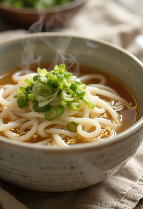 Kake udon tálban tálalt alap udon leves dashi alaplében, friss zöldhagymával és szezámmaggal díszítve