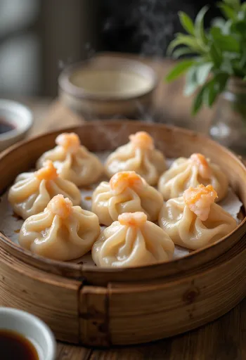 Dim sum stílusú kínai gőzölt dumpling áttetsző tésztában, rákos töltelékkel