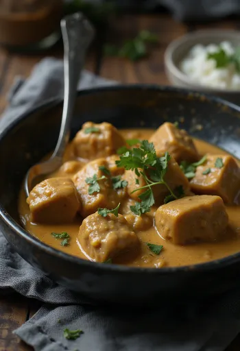 Korma marhahússal gazdag, krémes szószban tálalva, friss korianderrel díszítve.