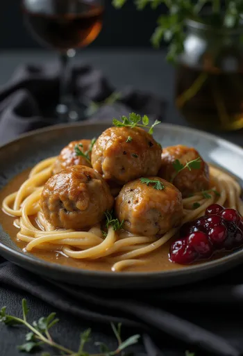 Köttbullar barna mártással, gazdag svéd étel tálalva húsgombócokkal és krémes mártással