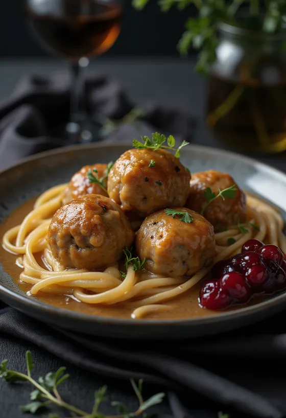 Köttbullar barna mártással, gazdag svéd étel tálalva húsgombócokkal és krémes mártással