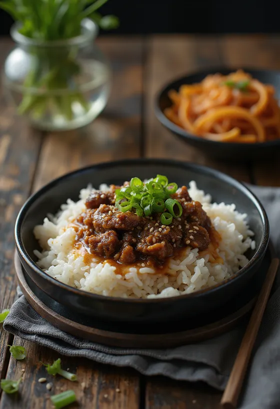 Marha Bulgogi Rizzsel koreai stílusú étel tálalva