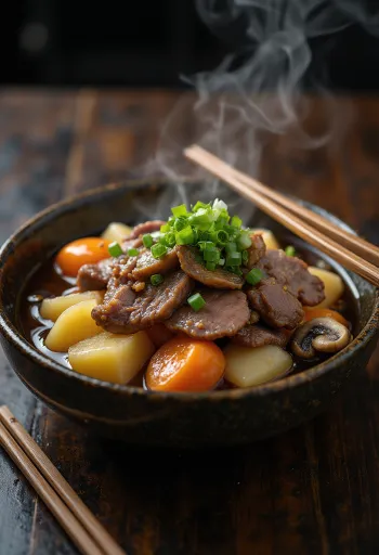Miso-s Nikujaga, marhahússal, zöldségekkel és miso pasztával tálalva
