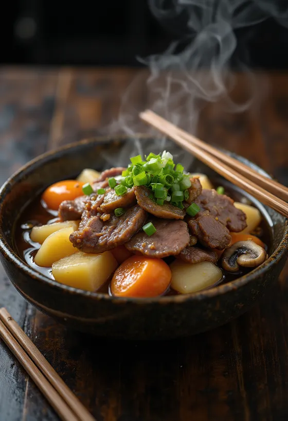 Miso-s Nikujaga, marhahússal, zöldségekkel és miso pasztával tálalva