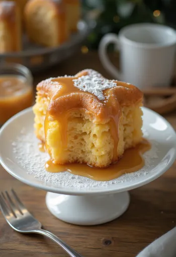 Pandoro szeletekkel és karamell öntettel tálalva, porcukorral megszórva