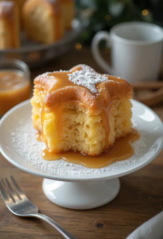 Pandoro szeletekkel és karamell öntettel tálalva, porcukorral megszórva