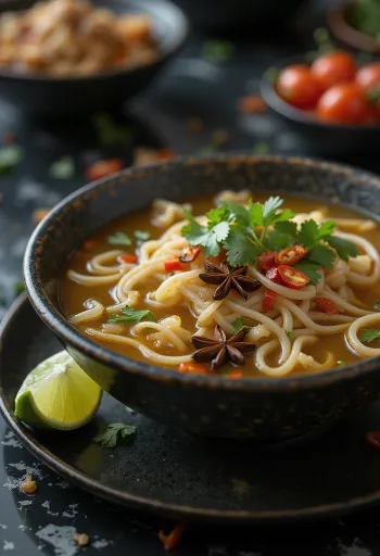 Pho fűszeres változat tálban tálalt fűszeres rizstészta leves, friss korianderrel és lime szeletekkel