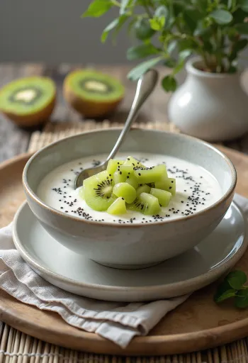 Probiotikus kivis joghurt poharakban, zöld gyümölcsdarabokkal tálalva