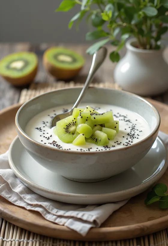 Probiotikus kivis joghurt poharakban, zöld gyümölcsdarabokkal tálalva