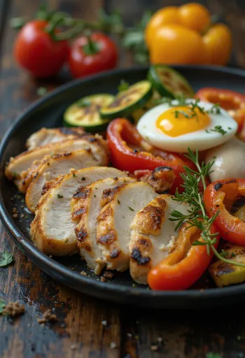 Grillezett pulykamell zöldségekkel tálalva