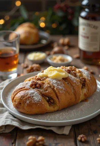 Rumos-diós Stollen szeletelve, porcukorral meghintve