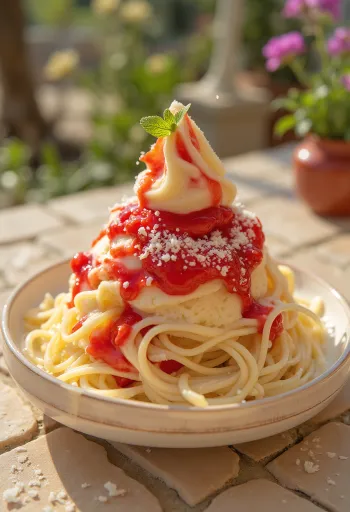 Spagetti fagylalt tálalva