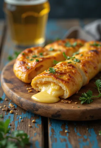 Stromboli füstölt sajttal tálalva, gazdag füstölt sajttal a tetején, kívül ropogós és belül puha.