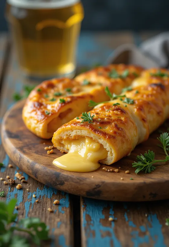 Stromboli füstölt sajttal tálalva, gazdag füstölt sajttal a tetején, kívül ropogós és belül puha.
