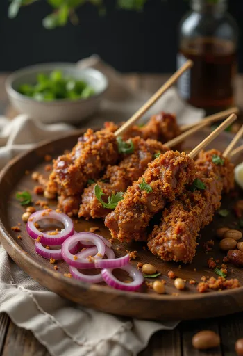 Suya földimogyorós fűszerkeverékkel, grillezett hús tálalva