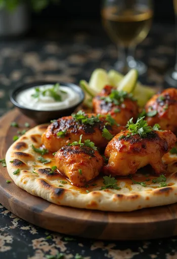 Tandoori csirke naan frissen tálalva, gazdag fűszerekkel és friss korianderrel