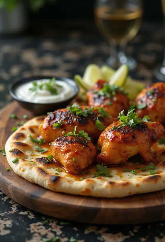 Tandoori csirke naan frissen tálalva, gazdag fűszerekkel és friss korianderrel