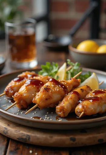 Tebasaki yakitori csirke szárny pálcikán, szezámmaggal és friss zöldhagymával tálalva