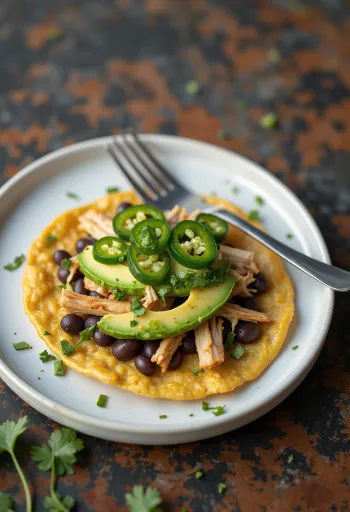 Tostada jalapeñóval, friss avokádóval és csirkehússal tálalva