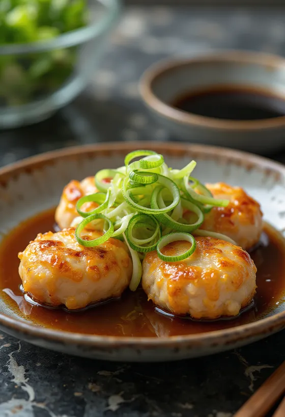 Tsukune tofuval tálalva, japán gombócok, zöldhagymával és sült hagymával.