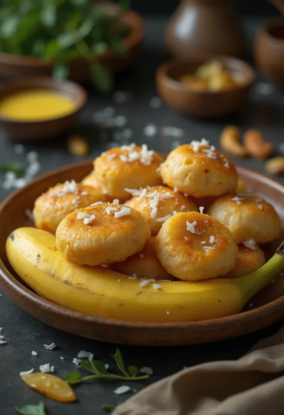 Unni appam, banánnal és kókuszreszelékkel, aranybarnára sütve