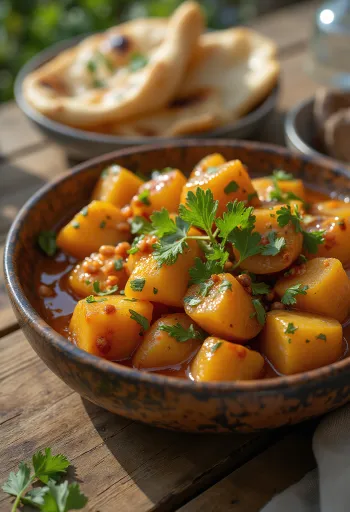 Vindaloo burgonyával, egy krémes indiai étel tálalva