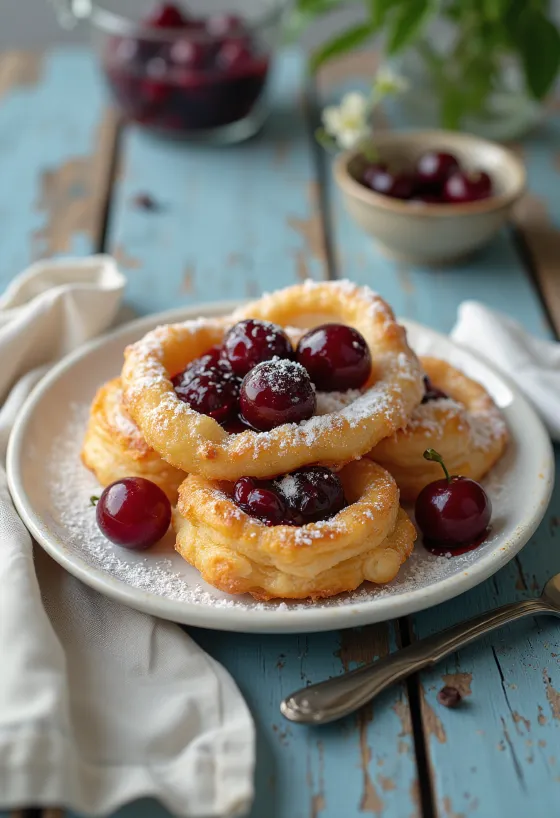 Zeppole meggylekvárral töltve, porcukorral megszórva, tálalva