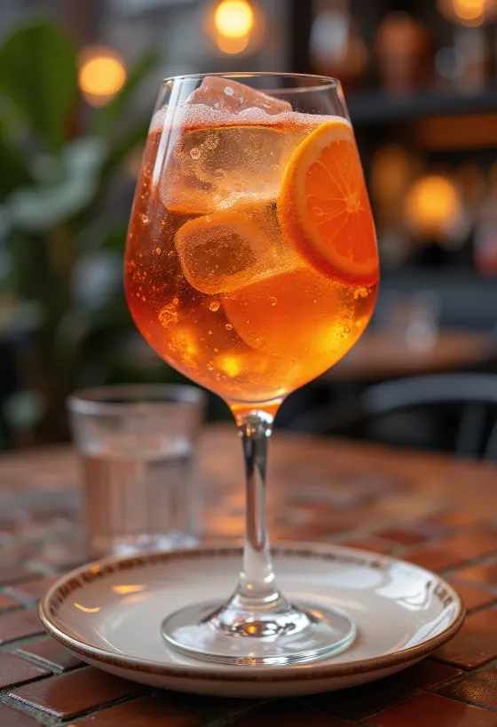 Aperol Spritz narancsszelettel és jégkockával díszítve