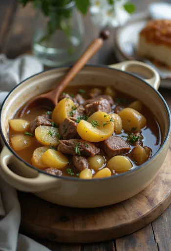 Baeckeoffe francia húsos ragu borral tálalva