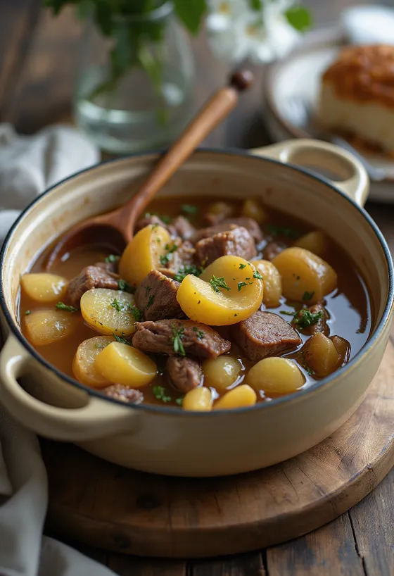 Baeckeoffe francia húsos ragu borral tálalva